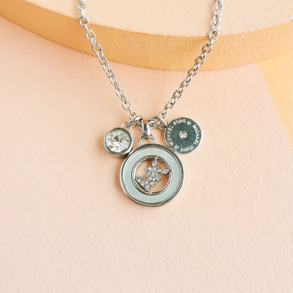 Michael Kors - Crystal Logo Triple Charm Silver Pendant Necklace - NEW